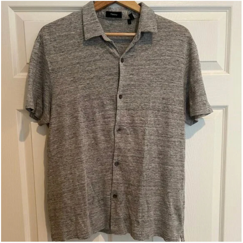 THEORY Grey Button Down Linen Knit Polo LARGE Men's Hipster Business Casual Fall